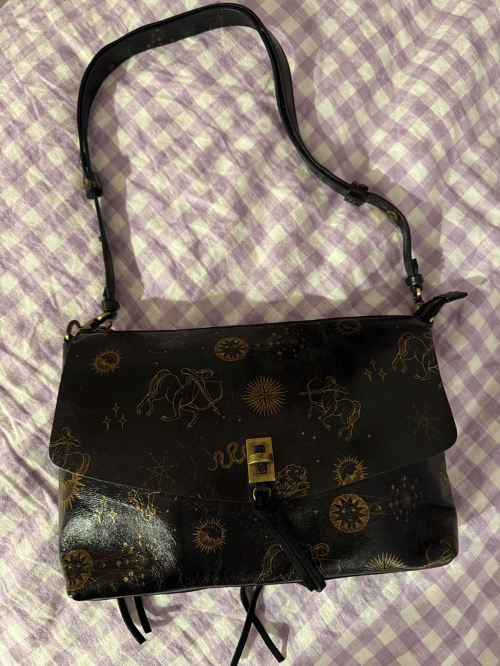 Johnny Was Black Zodiac Print Leather Shoulder Bag